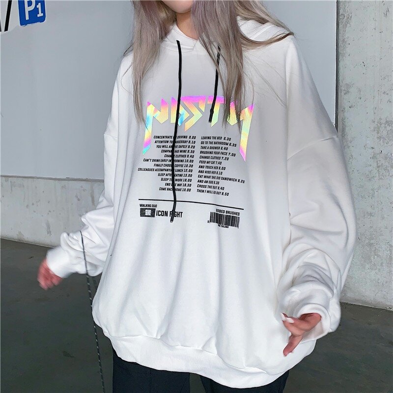 Harajuku Vrouwen Hoodie Reflecterende Printing Trui Herfst Hooded Casual Sweatshirts Winter Brief Losse Tops Streetwear Hoodies