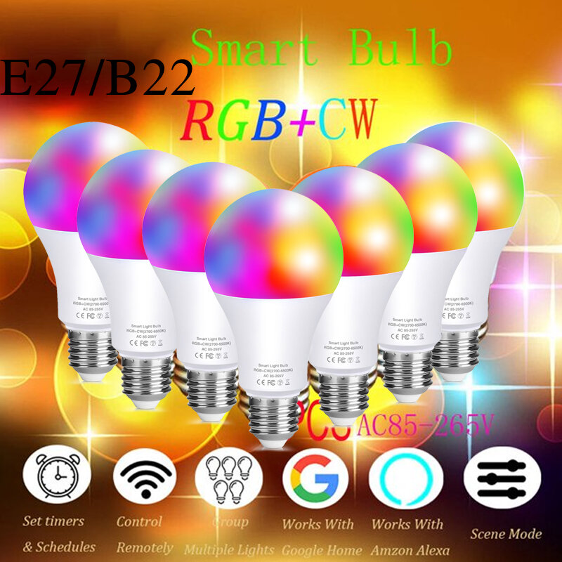 スマート電球ledランプE27 wifiまたはリモート制御siri音声調光対応alexa googleアシスタントホームrgbcw AC85V-265V iosアンドロイドチュウヤ