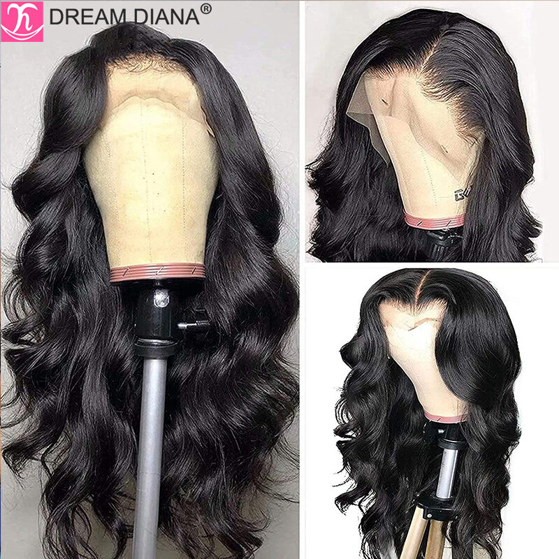 Dreamdiana remy brasileiro cabelo onda do corpo perucas glueless 13x1 parte do meio do laço perucas transparentes do laço 100% cabelo humano perucas do laço
