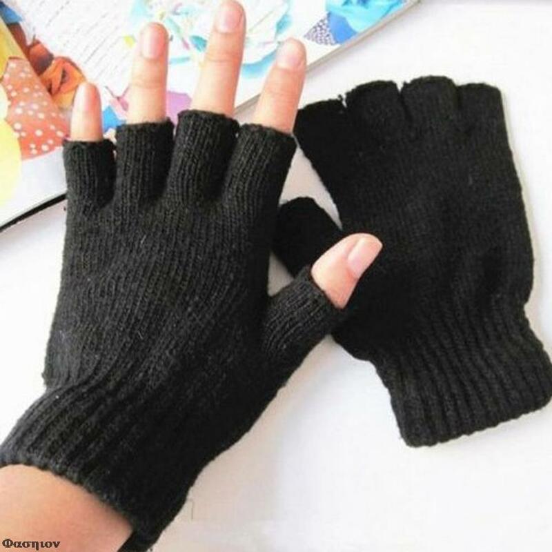 Guante de muñeca de punto de lana sin dedos para hombre y mujer, guantes cálidos de invierno, medio dedo, color negro, a la moda