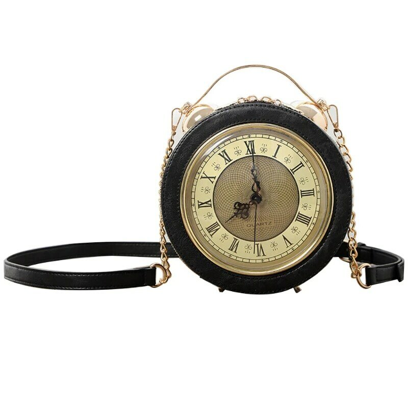 Fashion PU Leather Women Lady Vintage Clock Round Handbag Messenger Crossbody
