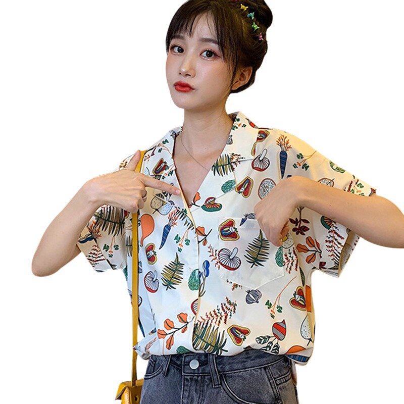 2019 womens tops and blouses Leaves 프린트 턴 다운 칼라 하와이안 스타일 반소매 쉬폰 블라우스 1