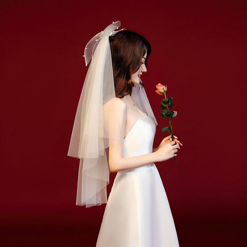 NZUK-طرحة زفاف من طبقتين مع ربطة عنق مطرزة ، إكسسوارات زفاف قصيرة مع مشط ، طرحة زفاف