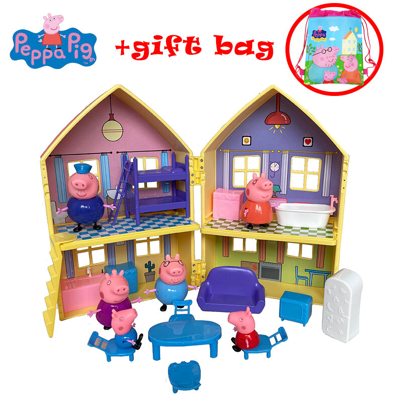 인기 판매 만화 돼지 양면 빌라 애니메이션 피규어 어린이 장난감 세트 가족 역할 돼지 어린이 선물 액션 피규어 Pvc 모델, 인기 판매