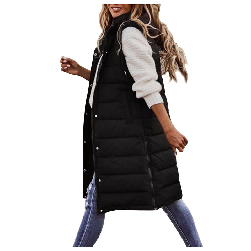 2022 outono e inverno casaco longo feminino colete com capuz sem mangas meados de comprimento feminino colete com bolsos colete para baixo