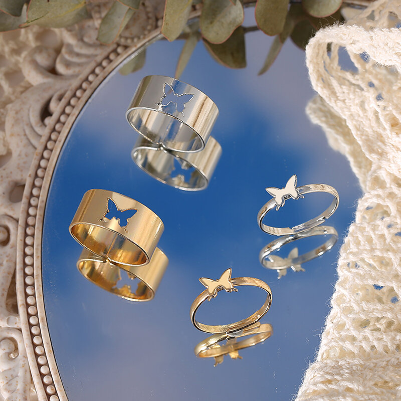 2 pezzi squisiti eleganti uomini donne coppia anello di apertura in rame decorazione farfalla vuota festa Casual geometrica Punk anello Jewelr