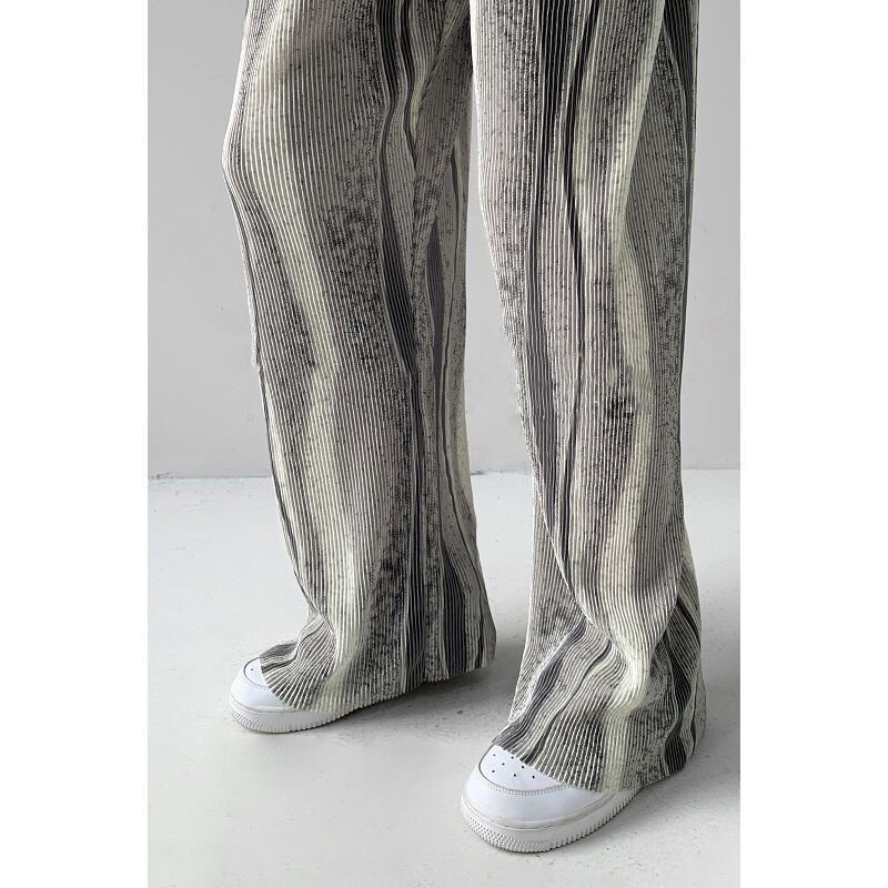 Pantalones plisados de pierna ancha para mujer, cintura alta, estampado de pintura, corte holgado, ropa de calle, pantalones de satén, informal, Verano