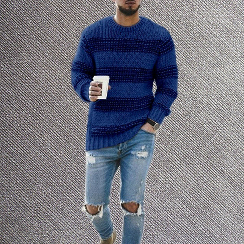 Suéteres empalmados de manga larga para hombre, Jersey de punto de Color sólido a la moda, cuello redondo, informal, ajustado, Otoño, 2020