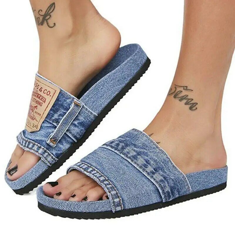 Women's Denim Cool Round Head Flat with Non-slip Comfortable Summer Fashion Trend All-match Outdoor Casual Shoes 5KE032