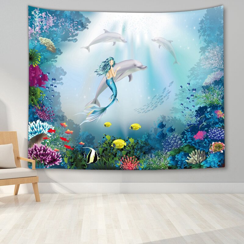 3D Cartoon Sea Tiere Delphin Meer Schildkröte Schlafzimmer Dekorative Wandteppich Hängen Fenster Wohnzimmer Ansicht