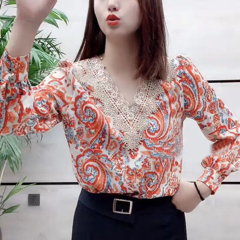 Lace Chiffon Women Blouse Spring Autumn Long Sleeve Printing Loose Shirt Vintage Ladies Holiday Style Female Clothe