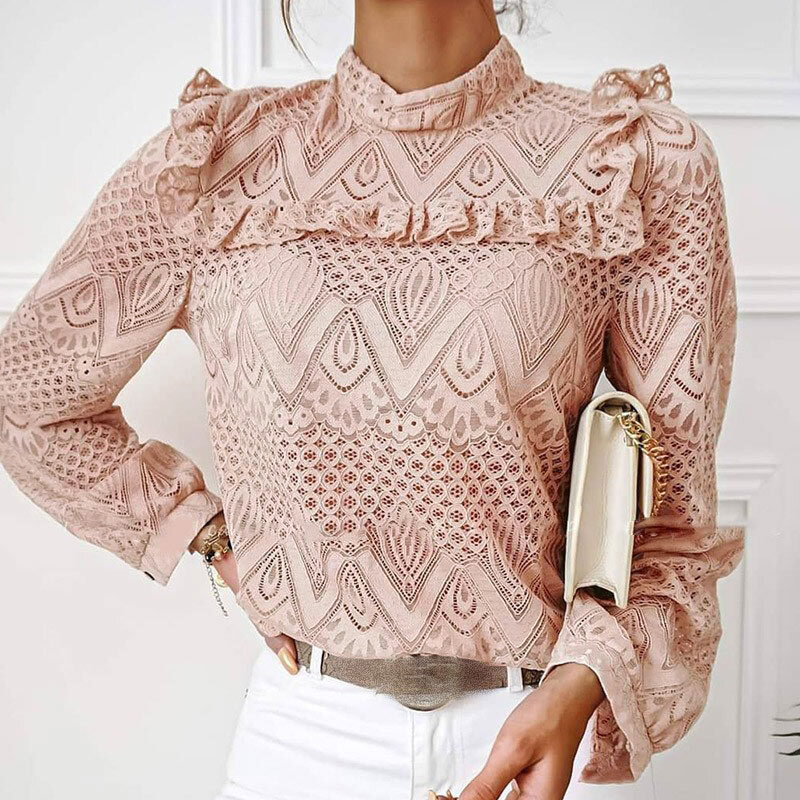 Hollow Out Lace Ruffles Women's Blouses Casual Elegant Long Sleeve blouse Women 2021 Spring Fashion Office Lady Tops Female