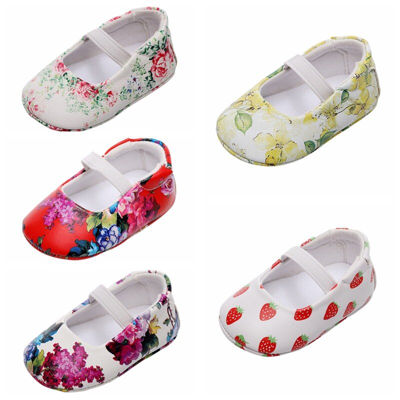 Zapatos de suela suave Floral para bebé recién nacido, calzado antideslizante de cuero PU poco profundo para niño, calzado para niño pequeño de 0 a 18M
