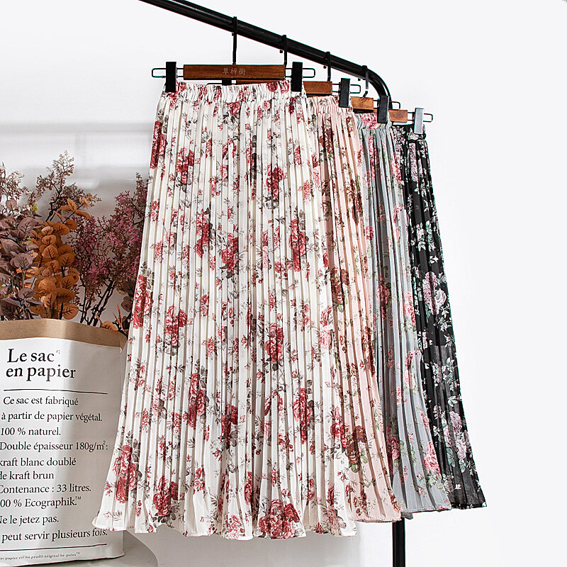 Croysier faldas para mujer 2021 cintura alta Floral impresión media pantorrilla largo plisado falda mujeres falda de verano Vintage elegante falda de gasa por debajo de la rodilla
