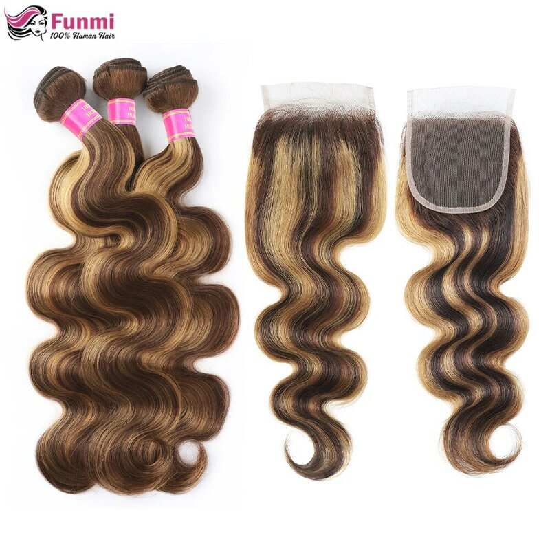 Highlight Human Hair Bundles with Closure Transparent Lace 5x5 Closure With Bundles Body Wave Ombre Bundles With 4X4 Closure