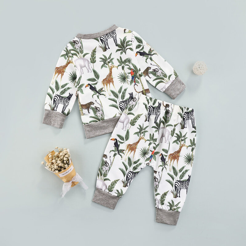 Pakaian Bayi Uniseks Musim Gugur Set Kasual Kaus Pullover Leher Bulat Lengan Panjang Gambar Cetak Hewan Hutan Celana Panjang Pinggang Elastis