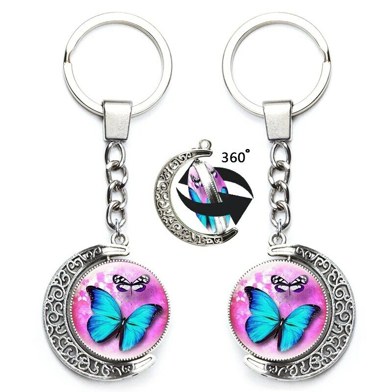 Nouveau porte-clés coloré papillon fleur insecte clé de voiture, accessoires de sac pour femmes, porte-clé rotatif lune, mode verre métal