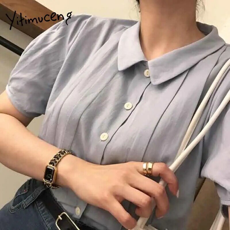 Yitimuceng ruched button up camisa feminina senhora do escritório topos coreano moda blusa azul manga curta sopro em linha reta 2021 verão novo