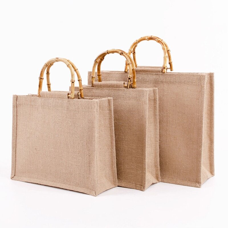 Portable Burlap Jute Shopping Bag Handbag Bamboo Loop Handles Reusable Tote Grocery Bags for Women Girls