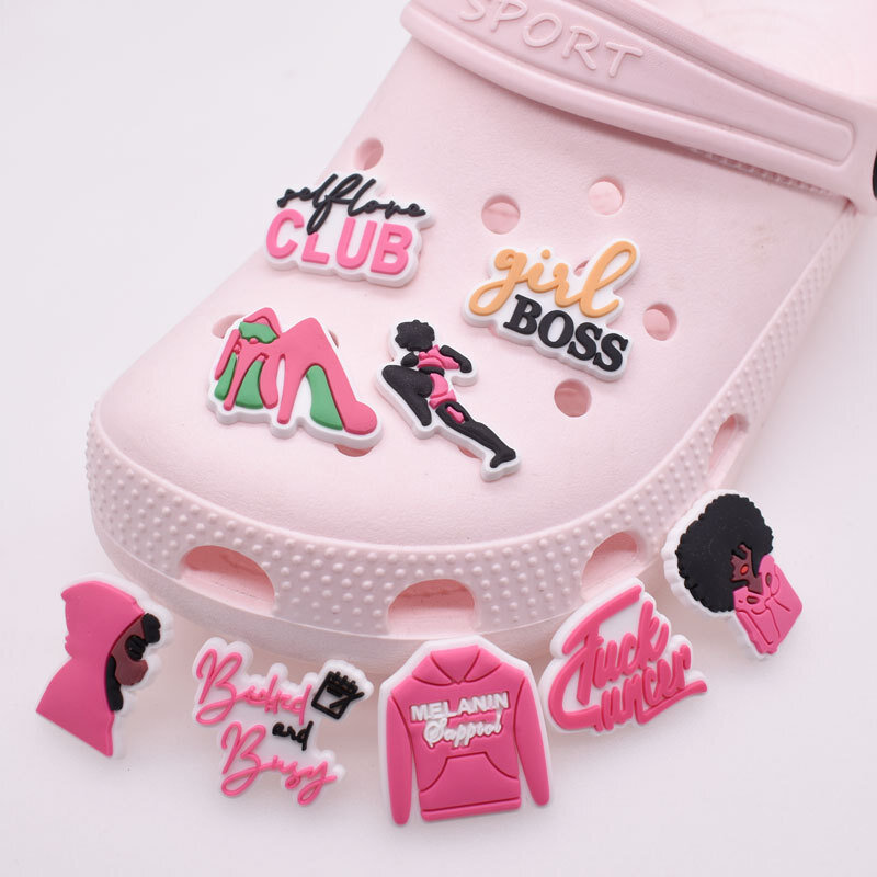 Dijes de zapatos de estilo rosa para mujer, 1 piezas, eslogan DIY, se adapta a zuecos de cocodrilo, decoraciones de PVC, hebilla, regalos para niñas, jibz
