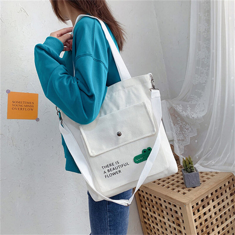 New Casual Canvas Shoulder Bag Women Vintage Shopping Bags Zipper Girls Student Bookbag Handbags Casual Tote With Outside Pocket
