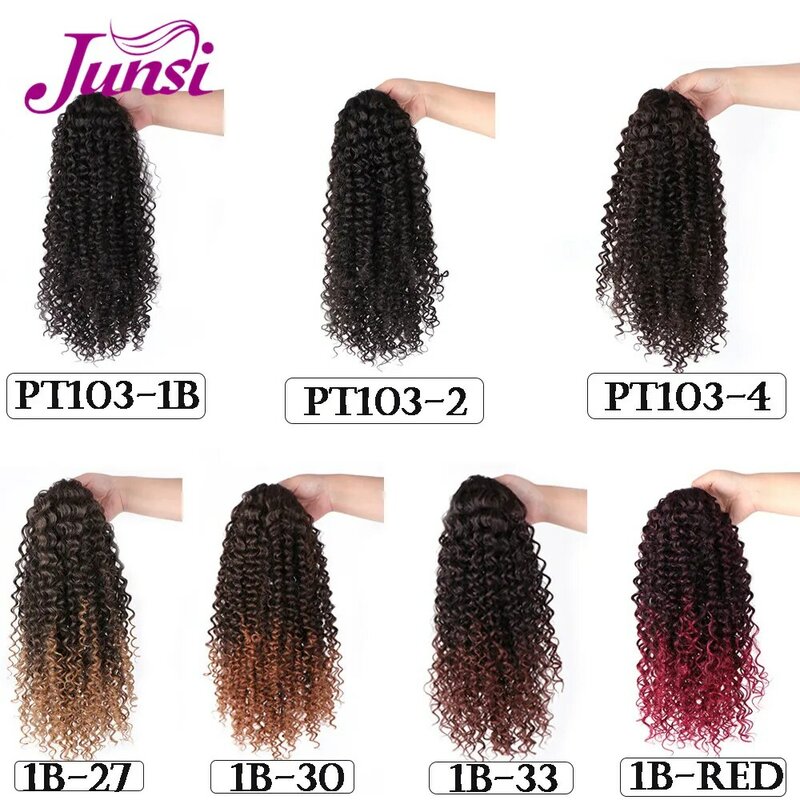 JUNSI-وصلات شعر صناعية طويلة مموجة للنساء ، شعر أسود طبيعي مع مشبك ، برباط ، ذيل حصان