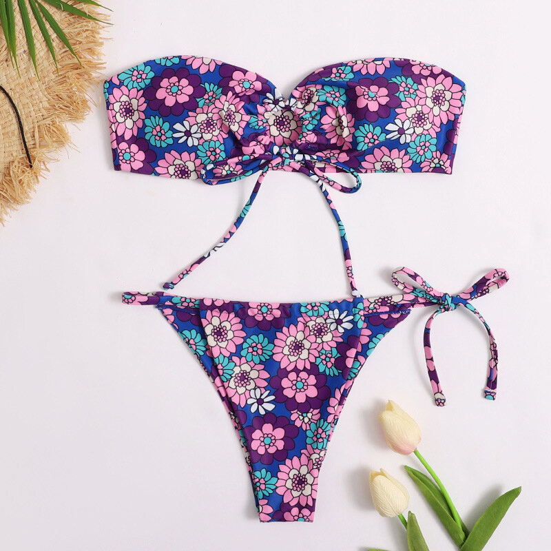 Mossha-bikini bandeau Vintage para mujer, traje de baño con estampado floral, bañador Sexy de cintura baja, ropa de playa 2021