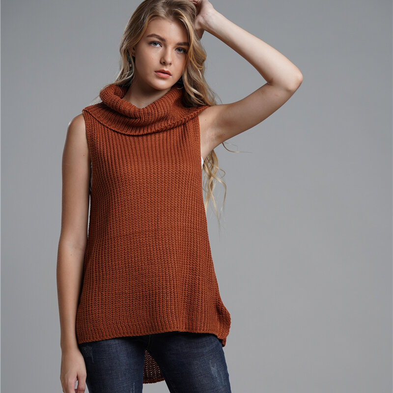Женский свитер, водолазка, вязаный жилет без рукавов, чистый цвет, повседневный женский свитер