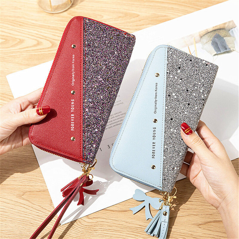 Sequins Patchwork Women's Pu Leather Long Wallets Glitter Fashion Zipper Coin Purse Female Large Capacity Card Holder Phone Bag
