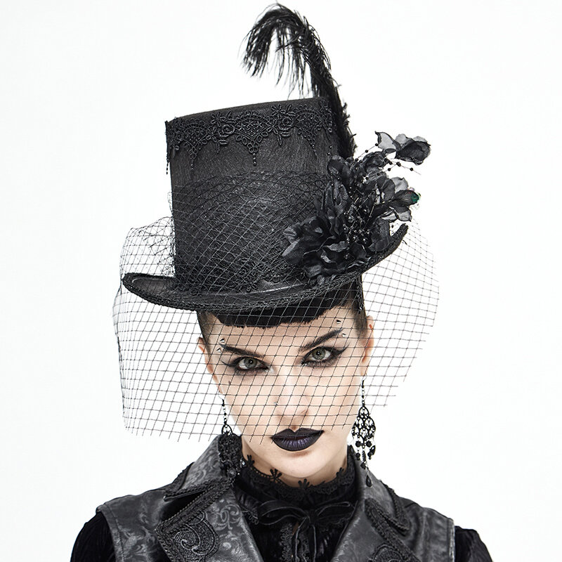 Retro Gothic Style Banquet Gorgeous Top Hat Gauze Feather Carved Unisex Party Halloween Hat