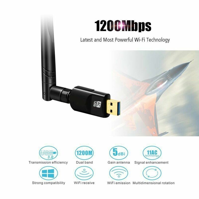 1200Mbps 무선 USB Wifi 어댑터 동글 듀얼 밴드 2.4G/5GHz USB3.0 네트워크 카드 어댑터 (안테나 802.11AC, Windows/Mac 용)