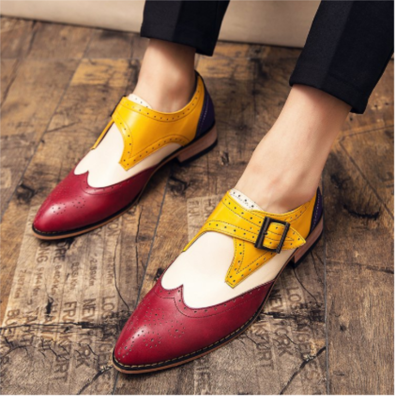 Zapatos de tacón bajo hechos a mano para hombre, calzado de PU, marrón, amarillo, Punta puntiaguda, cómodos y de moda, con hebilla única, ZQ0007, 2021