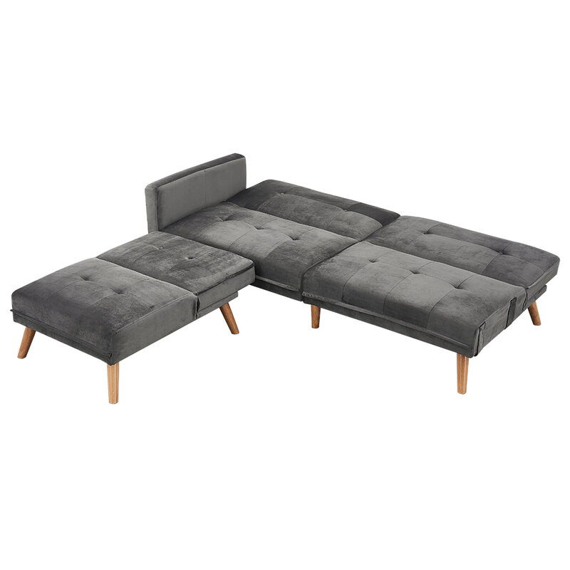 Panana Soft Velvet 3 Seater Corner Sofa Bed With Footstool Wooden Legs Multi-combination Grey