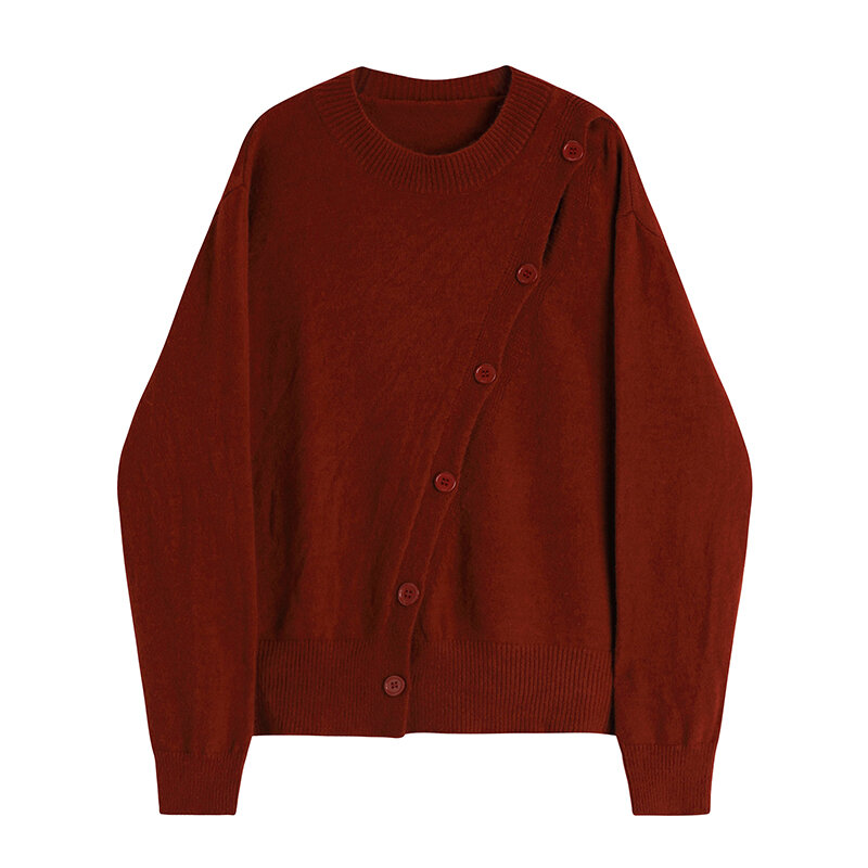 Suéter de punto de estilo coreano para mujer, jerseys de Color sólido, cuello redondo, manga larga, Top de punto asimétrico informal, otoño e invierno, novedad de 2021