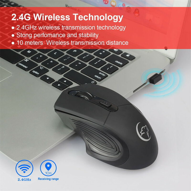 Ratón óptico inalámbrico USB para juegos, dispositivo ajustable, silencioso, ergonómico, 2,4 GHz, 2400DPI, para PC, portátil, ordenador