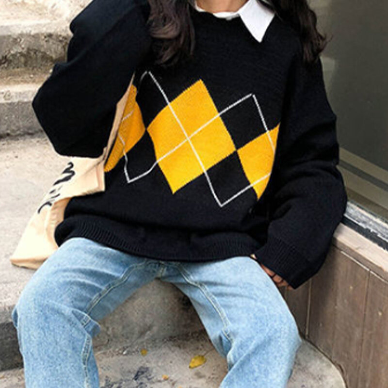 Argyle Printed Contrast Women's Sweaters Oversize Long Sleeve O-neck Warm Female Pullovers 2020 Autumn Winter Sweet Lady Sweater