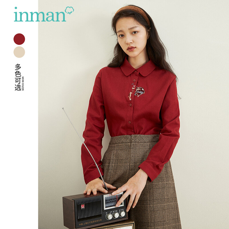INMAN-뾰족한 칼라 복고풍 블라우스 여성용, 재미있는 자수 디자인, 레드 또는 베이지 색, 캐주얼 긴 소매 상의, 가을 겨울