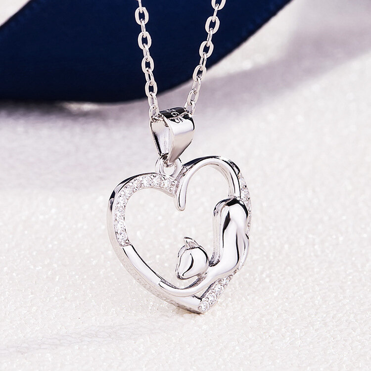 SODROV srebro 925 romantyczne słodkie zwierzęce serce wisiorek z kotem naszyjnik dla kobiet 925 biżuteria srebrna naszyjnik