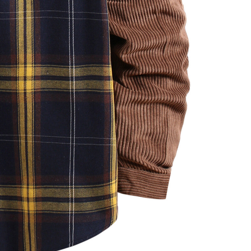 가을 남성 패치 워크 격자 무늬 드레스 셔츠 2021 패션 코듀로이 긴 소매 단추 다운 셔츠 하라주쿠 streetwear