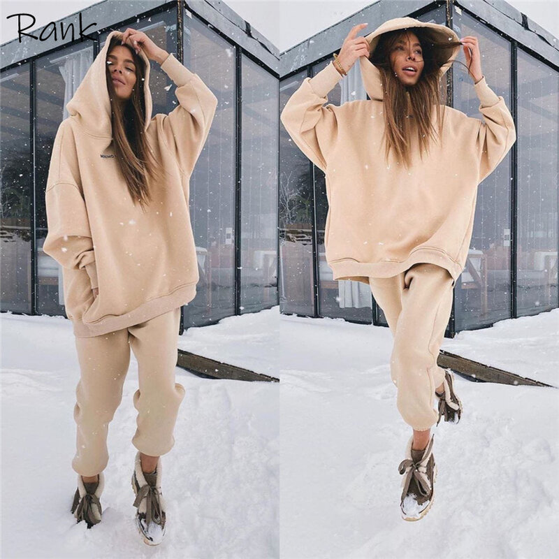 Women Two Pieces Tracksuits Autumn Winter Thick Fleece Warm Oversized Sweatshirt Hoodies Female Casual Sports Jogging Suits