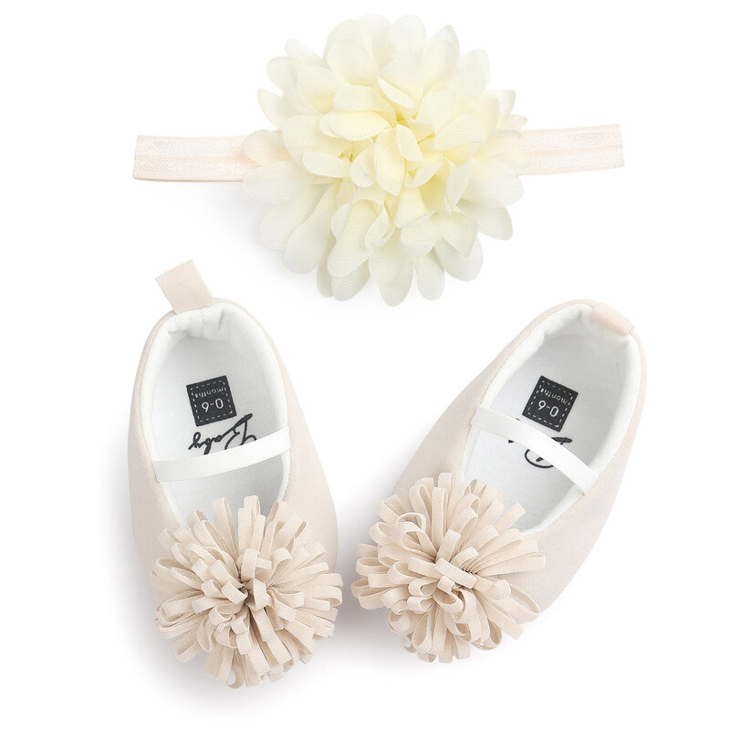 Zapatos antideslizantes de fondo suave para bebé recién nacido, calzado de princesa, cuna, zapatos de flores grandes con diadema, colores caramelo