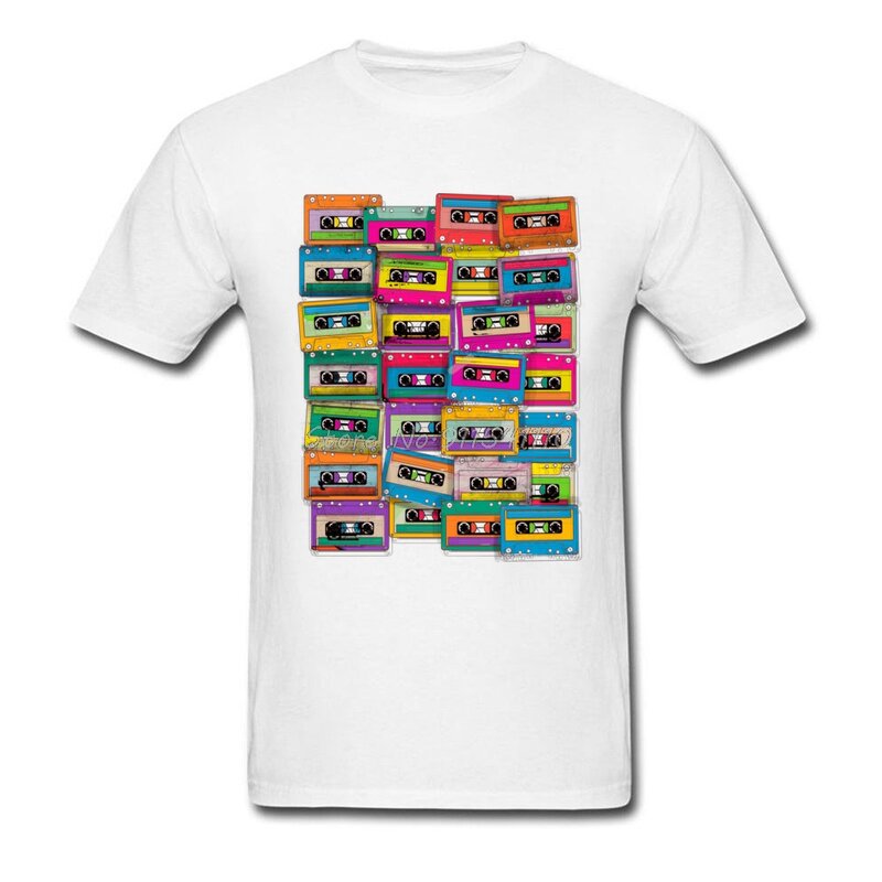 Kaus Retro Kaus Kaset Pita Musik Neon Pria Pakaian Hitam Pria Kaus Hip Hop Atasan Katun Kaus Band Musim Panas