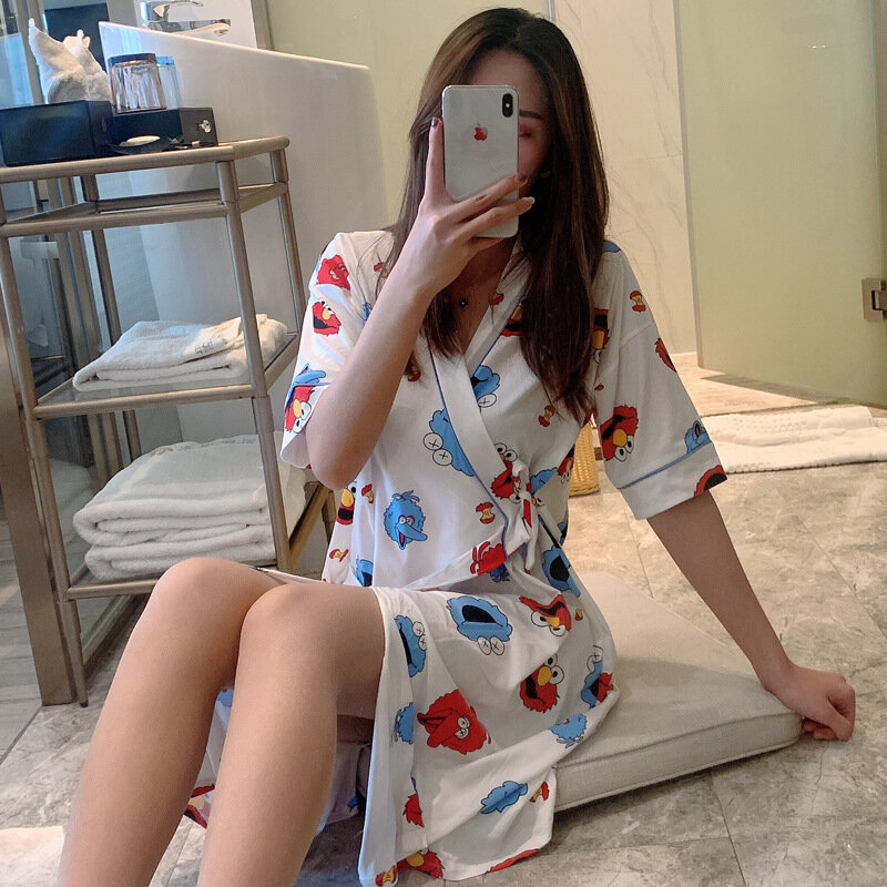 Robe de nuit japonaise Sexy pour femmes, pyjama, Kimono, Cardigan, vêtements de maison, manches courtes, Robe moyenne, printemps, été