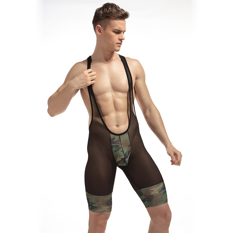 Sexy Sexy Mode Sehen Camouflage Weiche Atmungsaktive Unterwäsche Transparent Shorts Bodys Boxer Mesh Badeanzug MenWrestling Anzüge