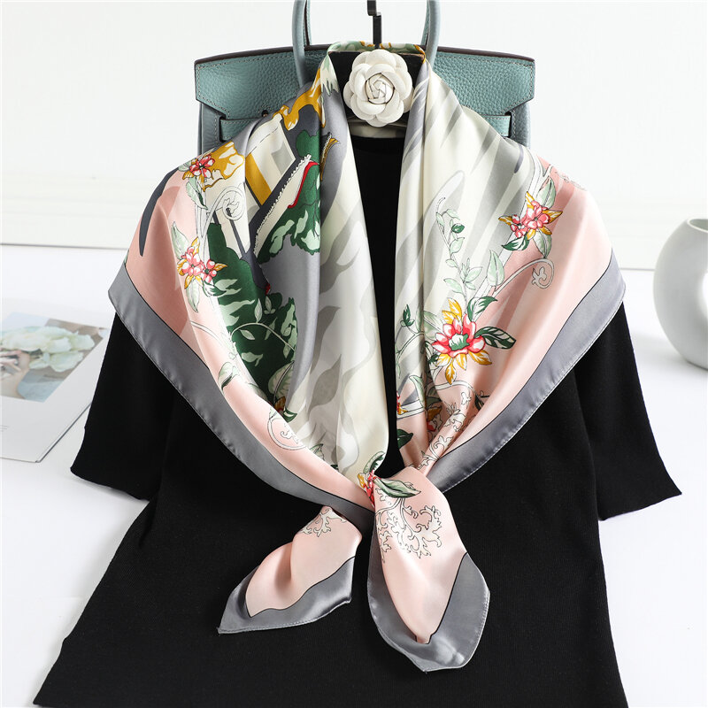 Impressão hijab lenço quadrado feminino cetim bandana de seda bandana moda neckerchief xale saco envoltório floral faixa de cabelo foulard 90*90cm