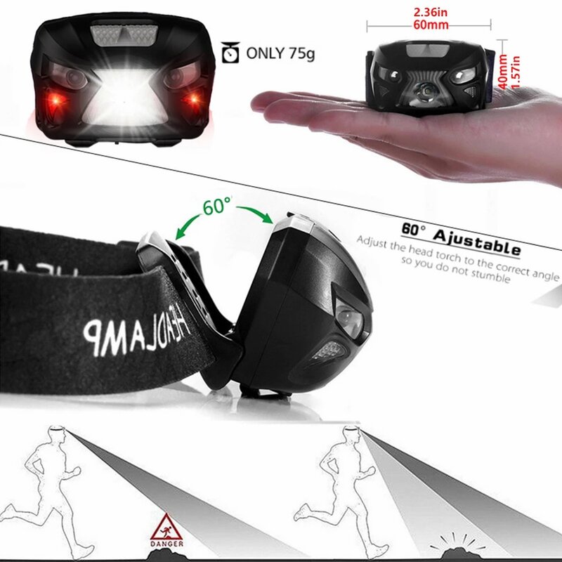 Lanterna de cabeça com sensor de movimento, recarregável por usb, para camping, caminhadas, pesca, portátil, edc, luzes, farol