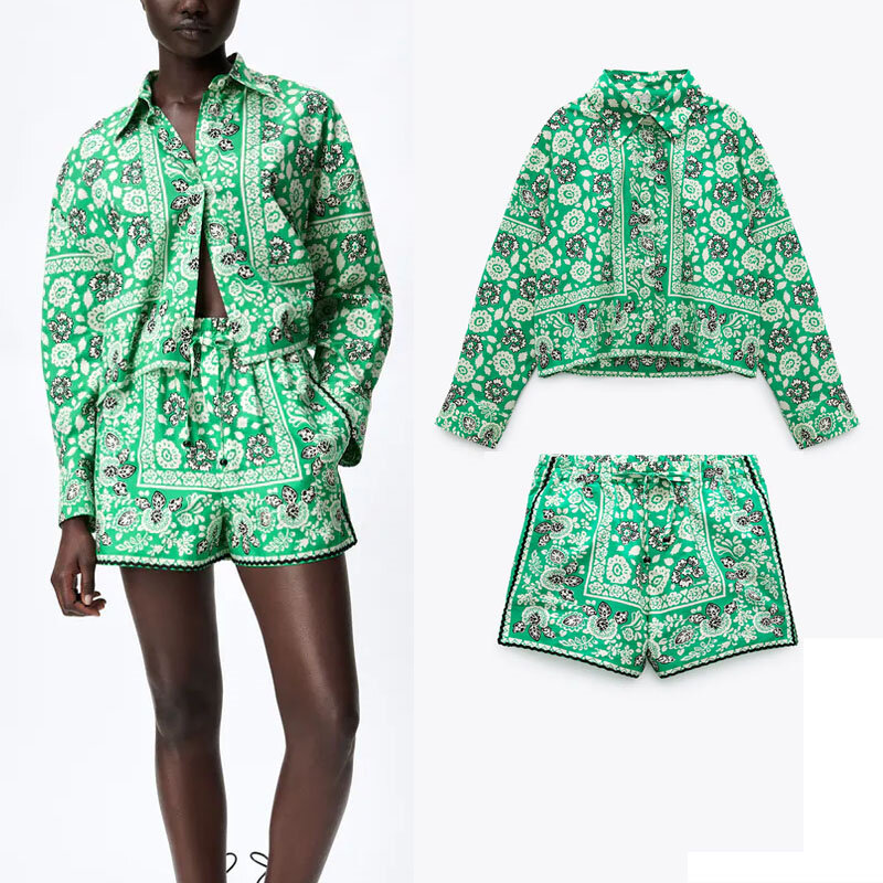 ZA 2021 녹색 인쇄 자르기 탑 여성 패션 옷깃 긴 소매 주름 셔츠 빈티지 탄성 높은 허리 Scalloped 트림 여자 반바지