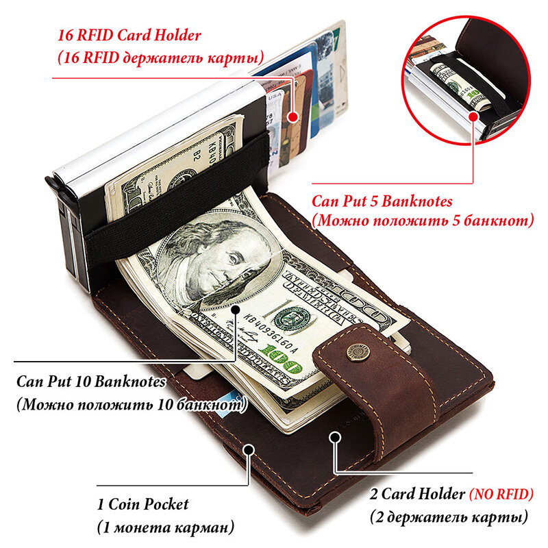 Portatarjetas de cuero con bloqueo Rfid para hombre, monedero masculino, billetera de aluminio automática para tarjetas bancarias