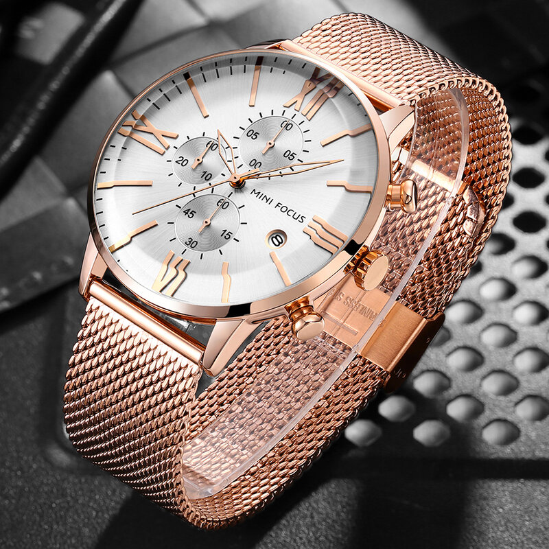 MINI FOCUS Waterproof Mens Wristwatches 2022 Luxury Watch for Male Chronograph Calendar Black Mesh Band часы мужские наручные