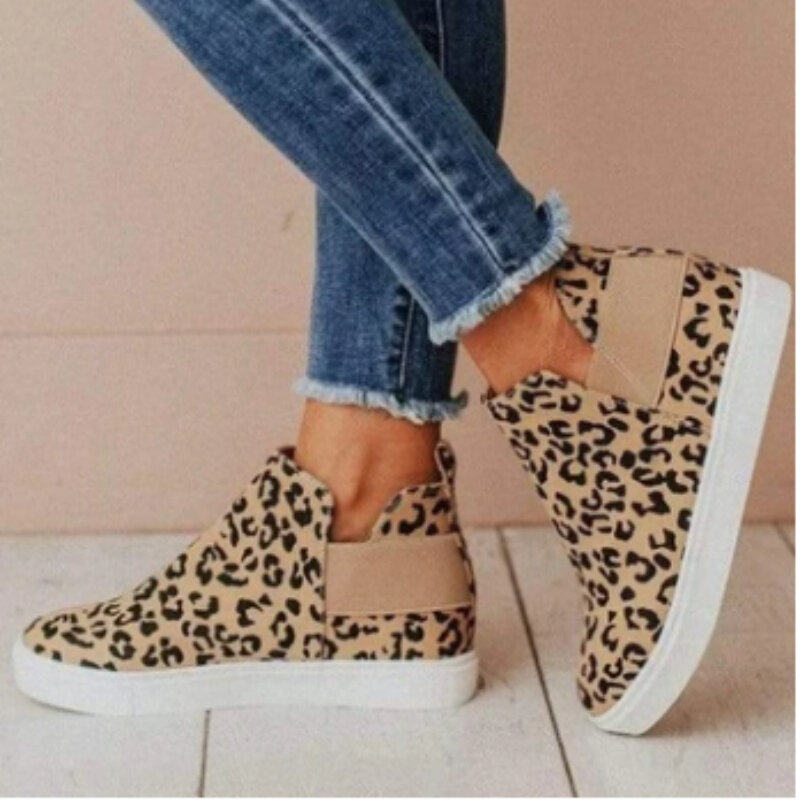 Sapatos casuais das senhoras leopardo impressão decoração elástica em ambos os lados escondido inclinação calcanhar confortável e respirável tênis kz013